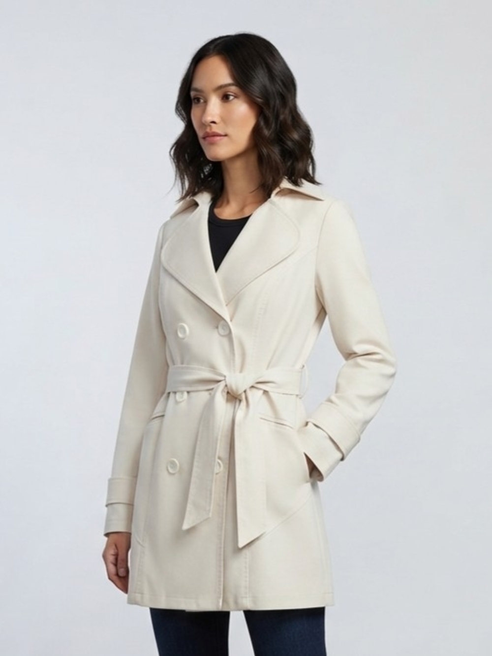 Forever 21 Cream Double-Breasted Trench Coat with Waist Tie Size Med